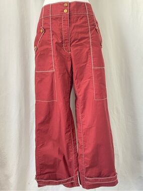 Veronica Beard Sigrid Topstitch Cotton Stretch Twill Cargo Pants Brick Red sz 12